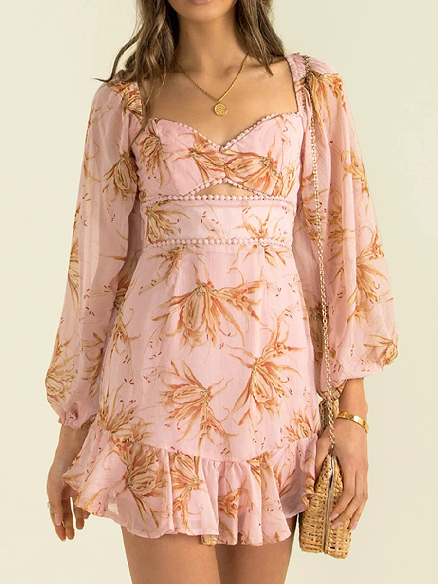 

Осеннее женское кружевное лоскутное мини-платье с принтом, шифоновое платье-трапеция с V-образным вырезом и оборками на спине, зеленое празд...