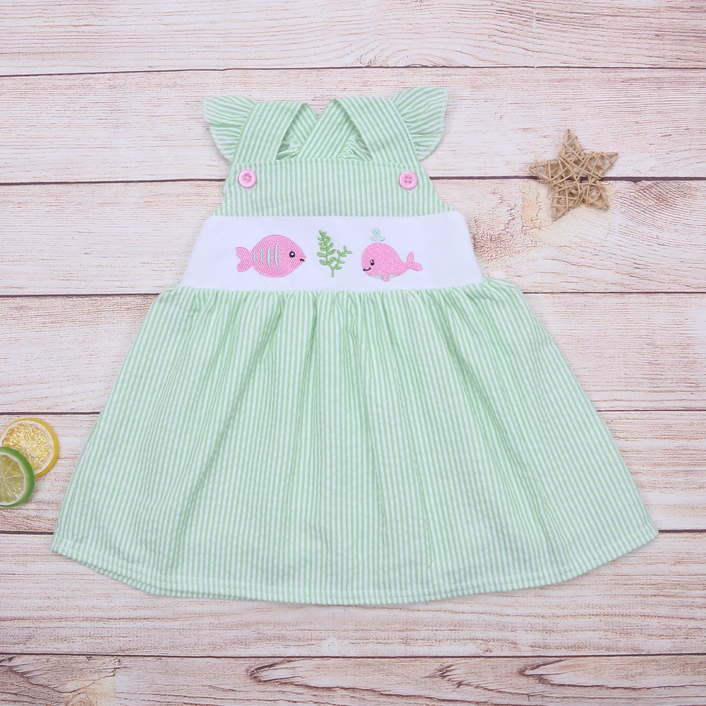 

One-Piece Cotton Clothes Summer New Style Lovely Fish Embroidery Dress Pretty Turquoise Jumpsuit Romper For Girls