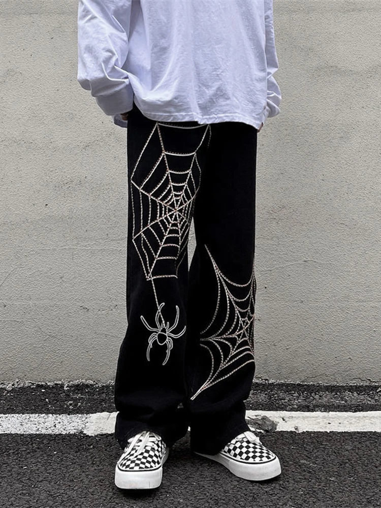 Grunge Punk spider web print Black Women's pants goth Streetwear Oversize Wide Leg Trousers 90s Vintage y2k clothes cargo Pants