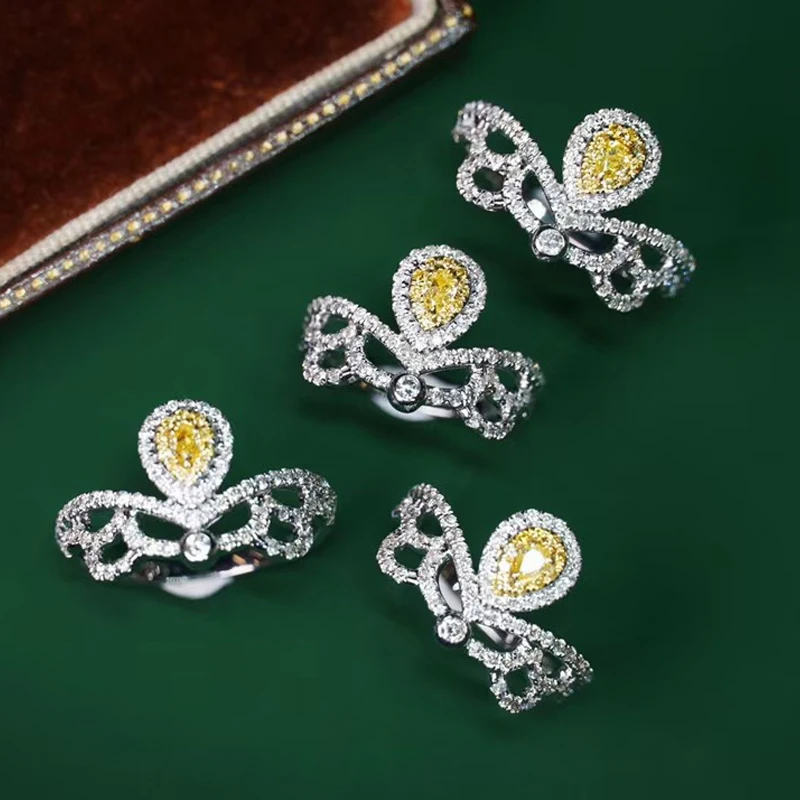 

Yellow Crystal Queen Crown Diamond Ring 925 Sterling Silver Jewelry Luxury Engagement Wedding Rings for Women Party Accessory