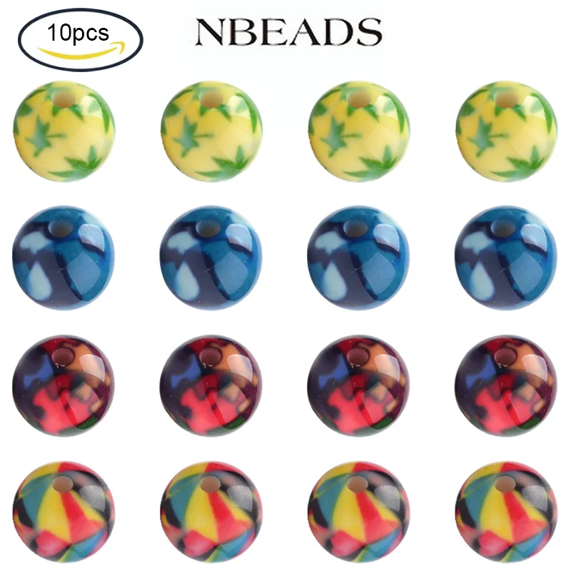 

10PC Opaque Printed Acrylic Beads Round with Pattern Yellow Green 10x9.5mm for Jewelry Making Supplies