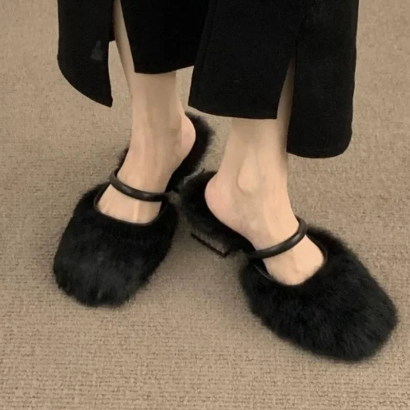 Женские меховые тапочки на высоком каблуке модная зимняя новая дизайнерская