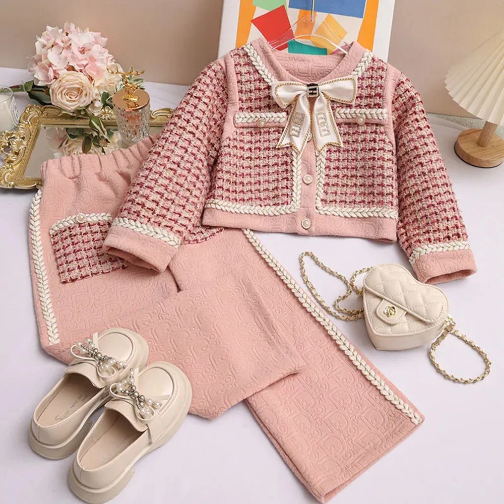 

Menoea/комплекты для девочек Одежда для детей осенне-зимний новый клетчатый костюм в Корейском стиле вязаный кардиган, свитер + штаны, 2 предмет...