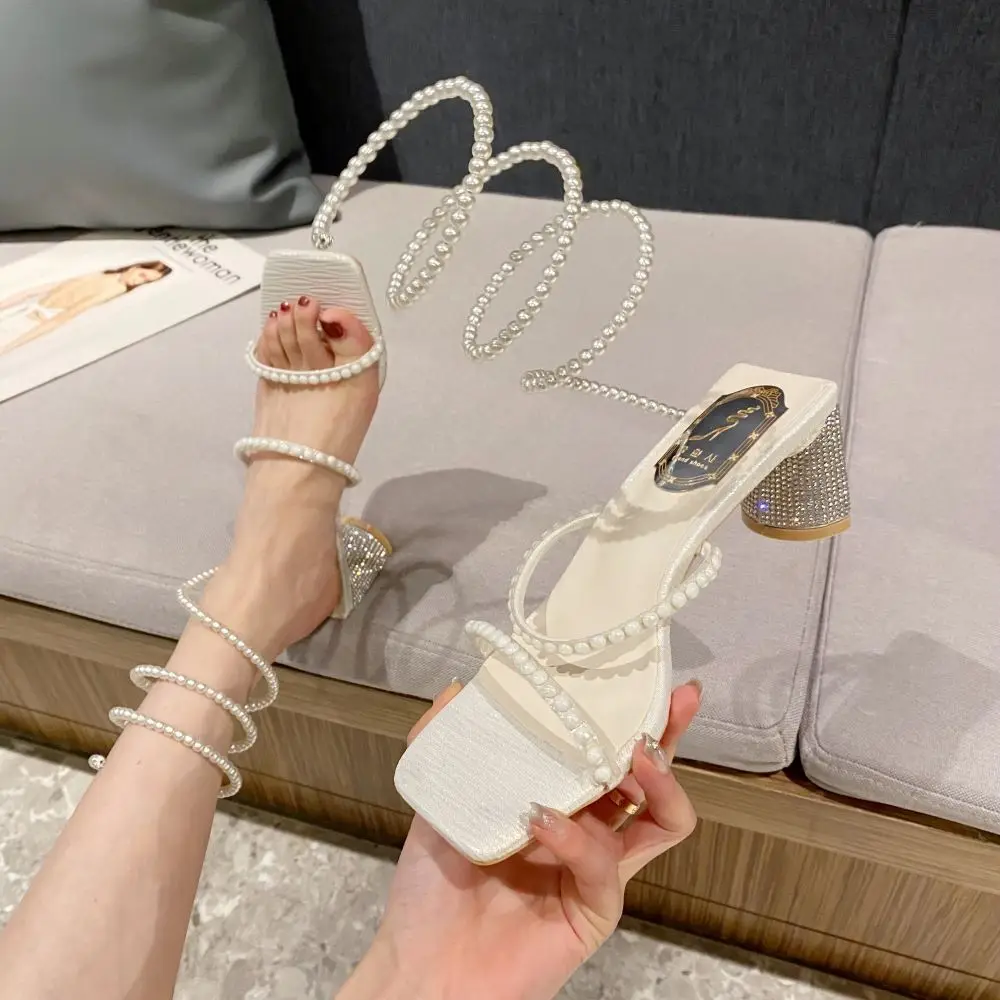 Xibeilove 2023 Summer Women's Wedding Bride Party Shoes Luxury Square Headed Rhinestone Pearl Wrapped Mid Heel Sandals