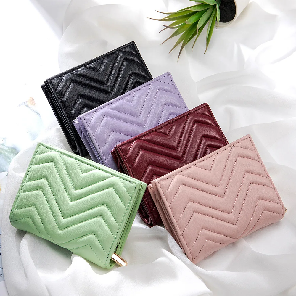 Luxury Quilted Design Women Sheepskin Genuine Leather Wallet Fashion Stripe Card Holder Zipper Female High Quality Coin Purse