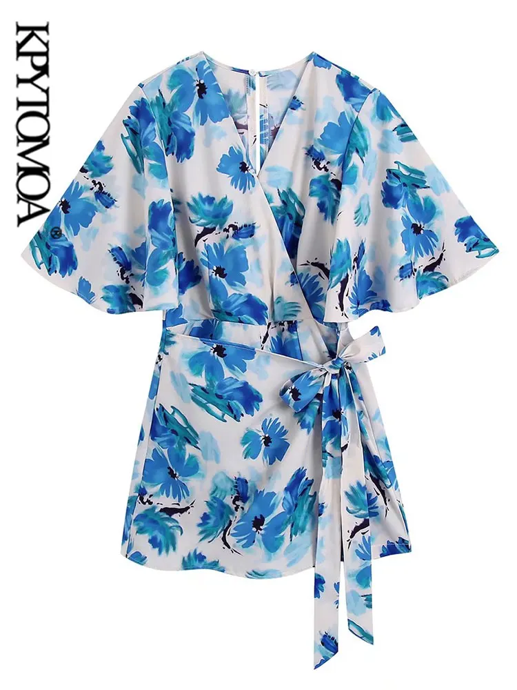 

KPYTOMOA Women Fashion With Tied Bow Floral Print Playsuits Vintage Short Sleeve Back Zipper Female Jumpsuits Mujer