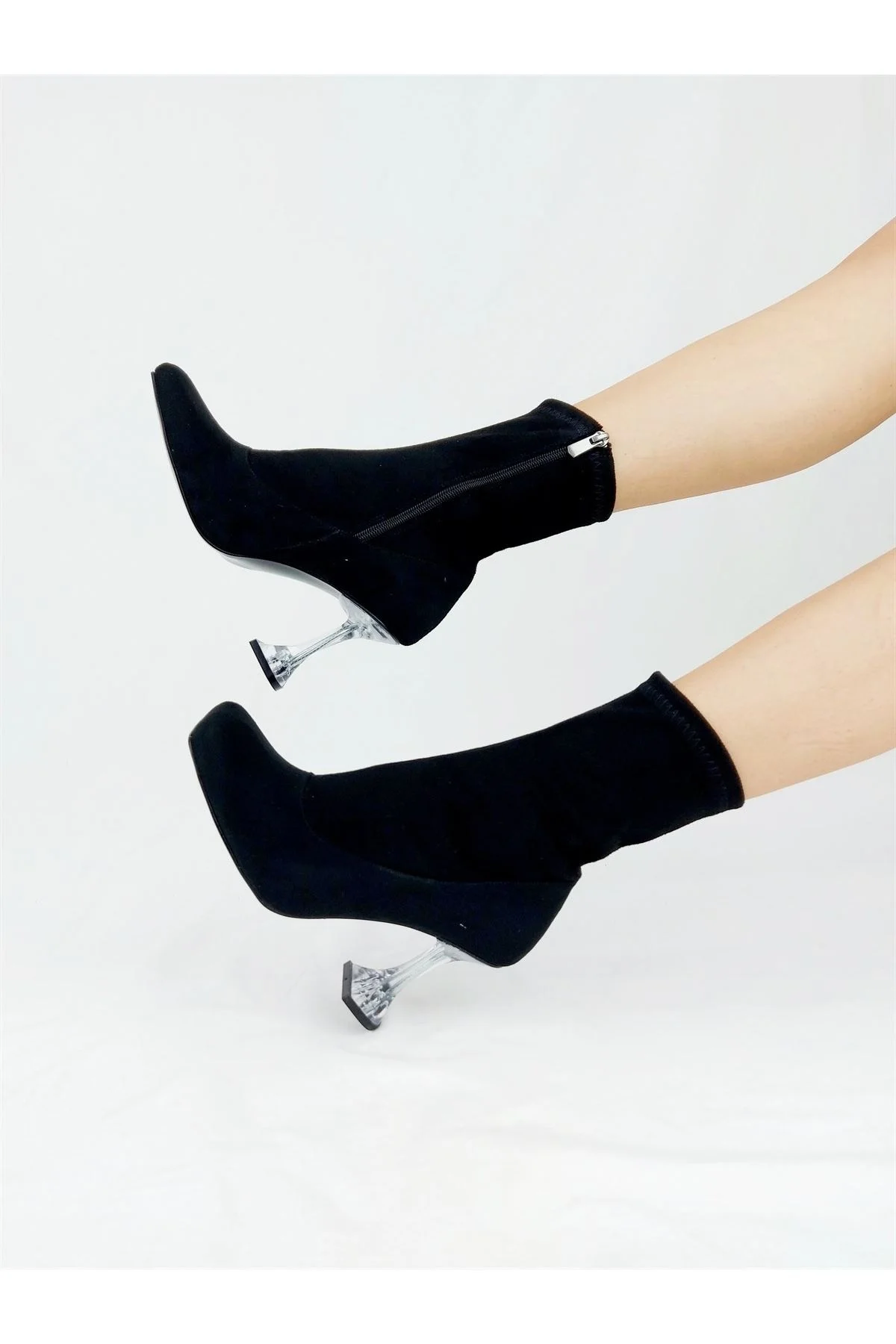 

Congenial Black Suede Transparent Heels Boots