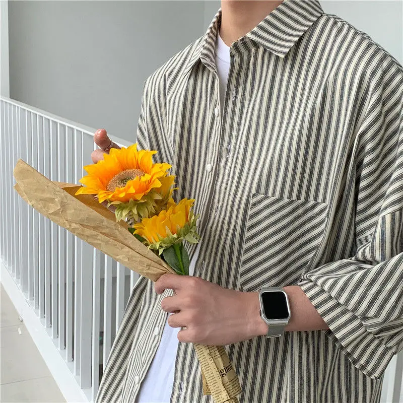 Summer Striped Shirt Men's Fashion Society Men Dress Shirt Business Casual Shirts Mens Streetwear Loose Short Sleeve Shirt M-2XL