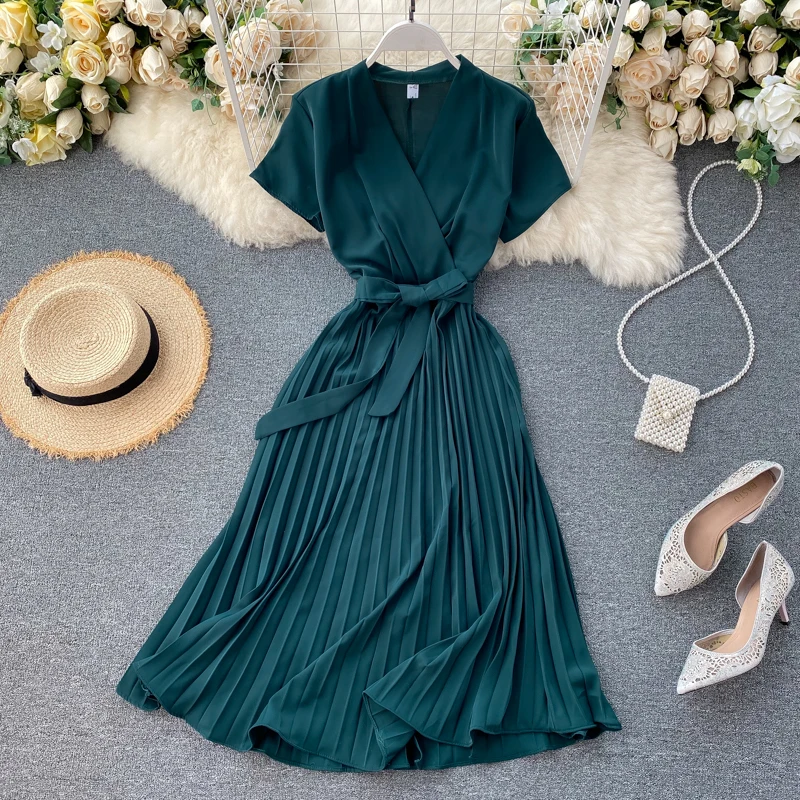 

Elegant Women Summer Dress 2022 New Office Lady Midi Retro Dress Women's Solid V-neck Lace-up High Waist Slimming Pleated Dress
