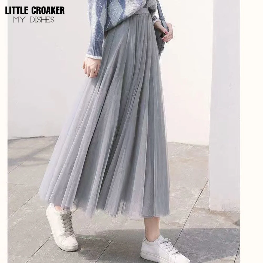 

New Big Hem Long Tulle Skirt Women Korean Casual Simple Solid 3 Layers A Line High Waist Maxi Skirt Female Lady Purple Clothes