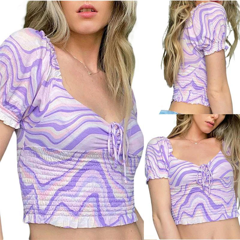 

2022 Summer Fashion New Wooden Ear Ripple Tshirt Show Chest Thin Vcollar Shortsleeved Pleated Jacket