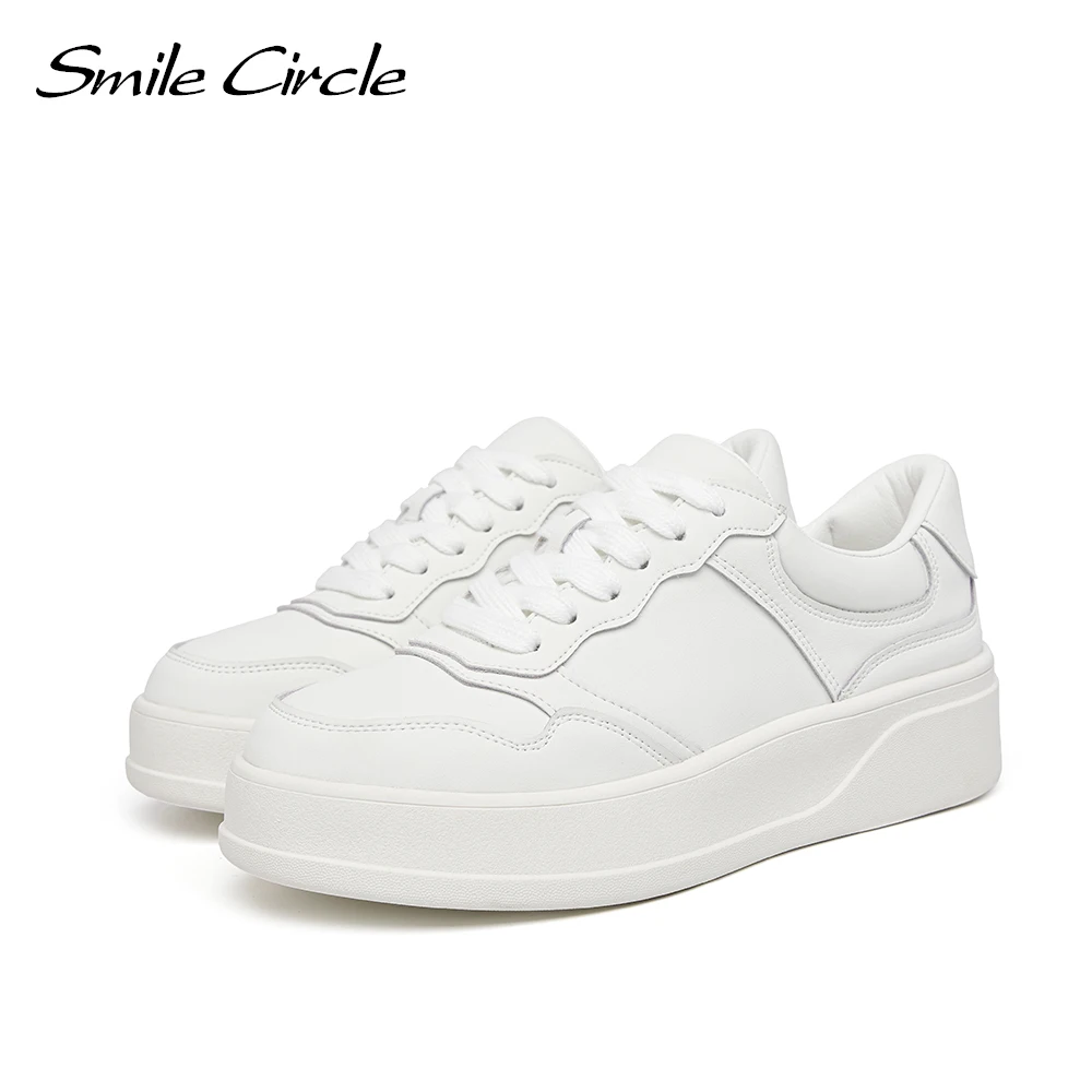 Женские кроссовки на плоской платформе Smile Circle белые из натуральной кожи