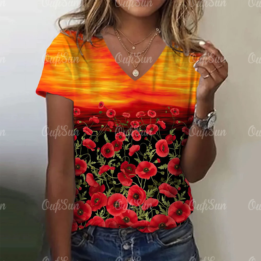 

Женская футболка, новый топ с коротким рукавом, Повседневная модная женская одежда, уличная футболка с цветочным принтом для женщин, пуловер с V-образным вырезом, лето