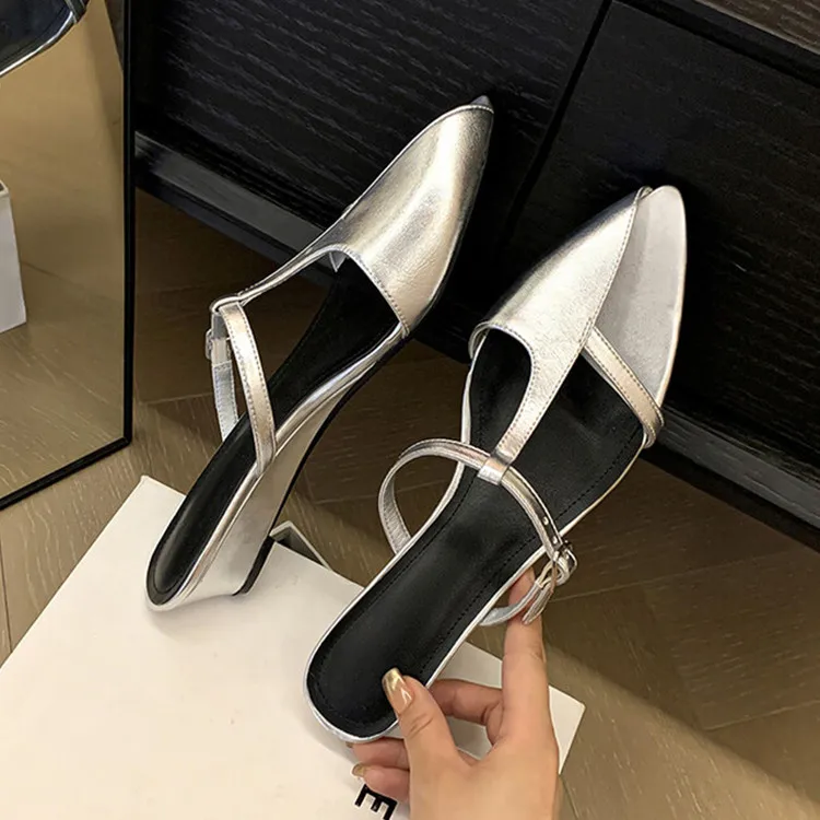 

2023New Fashion Women Slippers Pointed Toe Silver Leather Summer Shoes Chic Design Wedge Slides Femmes Lady Mules Sapatos Mujer