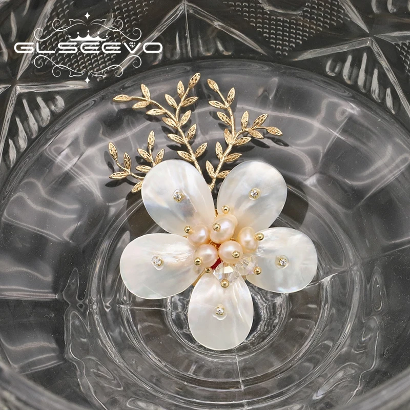 Брошь GLSEEVO с натуральными ракушками цветами и розовыми жемчужинами листьями для
