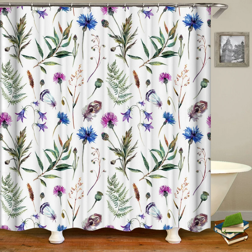 

Colorful Floral Shower Curtain Wildflower Plant Green Leaf Printing Pattern Bath Curtains Bathroom Home Decor Waterproof Screens