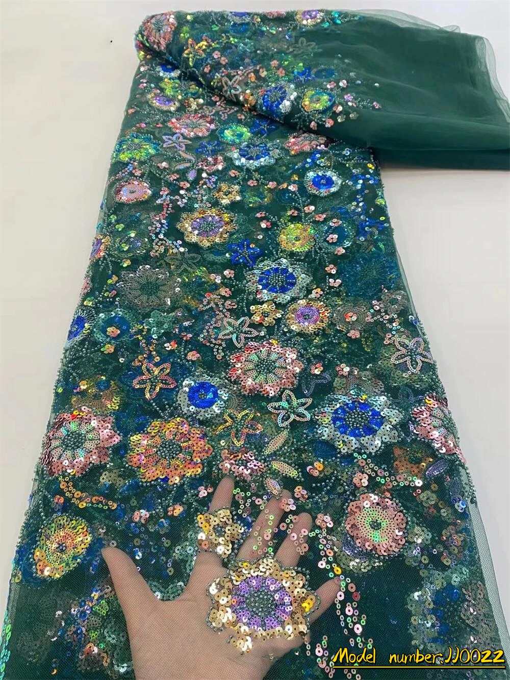 

2022 Elegant Heavy Beaded Sequins Lace Fabric With Bead Nigerian Green 3D Embroidery Mesh Lace Fabric For Wedding Dresses JJ0022