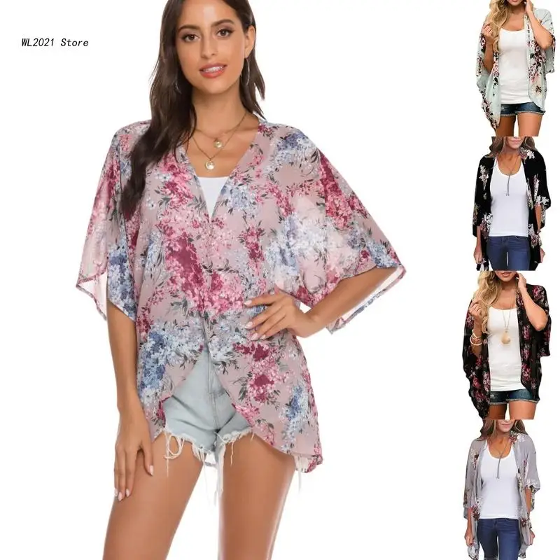 

Women-Chiffon Kimono-Cardigans Open Front Floral-Print Beach Coverup Loose
