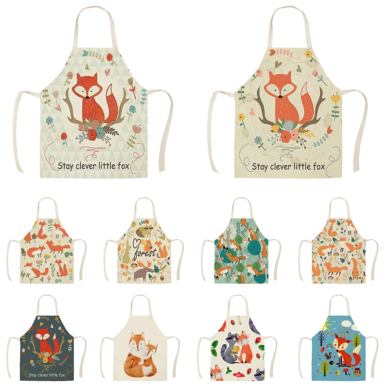 

Linen Nordic Cute Fox Aprons Unisex Dinner Party Cooking Bib Funny Pinafore Cleaning Apron WQF593