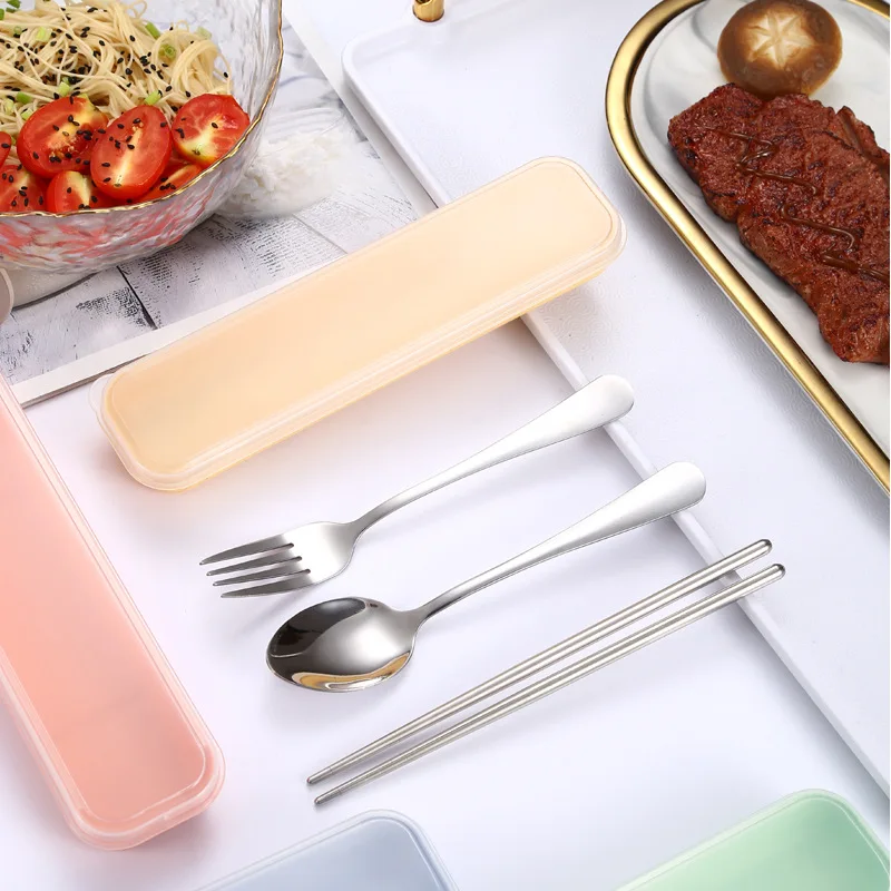 

3pcs Flat Handle Stainless Cutlery Set Silverware Round/Square Chopsticks Fork Spoon for Kitchen Portable Travel Tableware