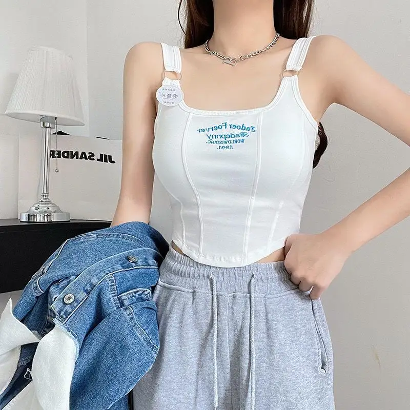 Shoulder Crop Belt Bra Design Short Embroidery Knitted Women Slim Stripe Iron Ring Tops Pad With Top Female Sexy Letter Tank