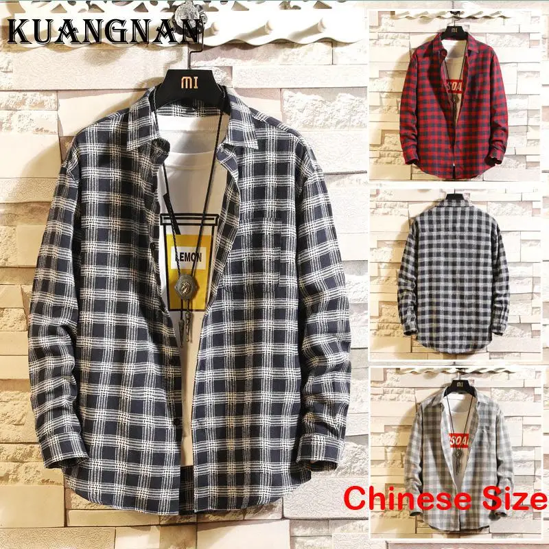 

KUANGNAN Plaid Man Shirt Men's Clothing Free Shipping Long Sleeve Top Male Clothes New in Shirts and Blouses Work Wear Tops 2XL
