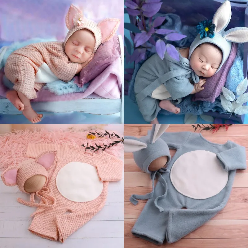 Dvotinst Newborn Photography Props Baby Cute Rabbit Hat Outfit Bunny Romper Bonnet 2 Pieces Set Fotografia Shooting Photo Props