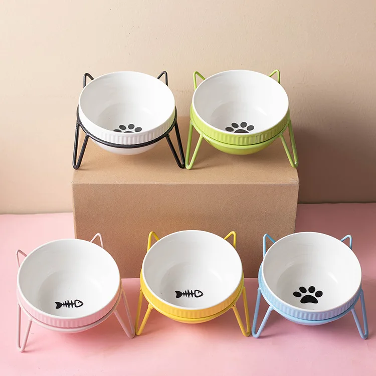 

Ceramic cat bowl high-footed neck guard double-bowl fixing frame anti-overturning pet cat and dog food basin water bowl tilt pro