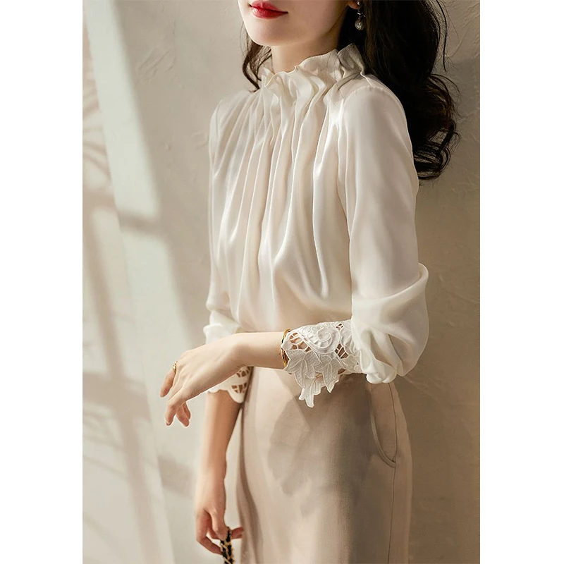 Женский ажурный пуловер с рюшами Элегантная модная блузка вышивкой и длинным