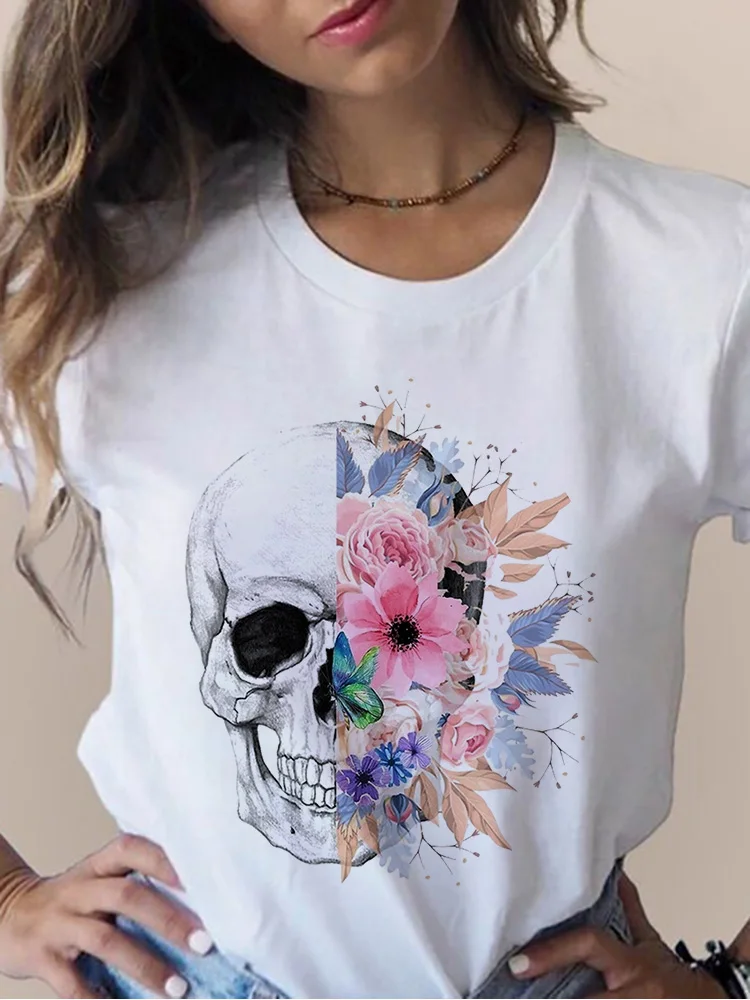 

New 2022 T Shirt Women Print White Black Tee Shirts Fashion Flower Skull Short Sleeve Female T-Shirt Summer Casual Ladies Tops