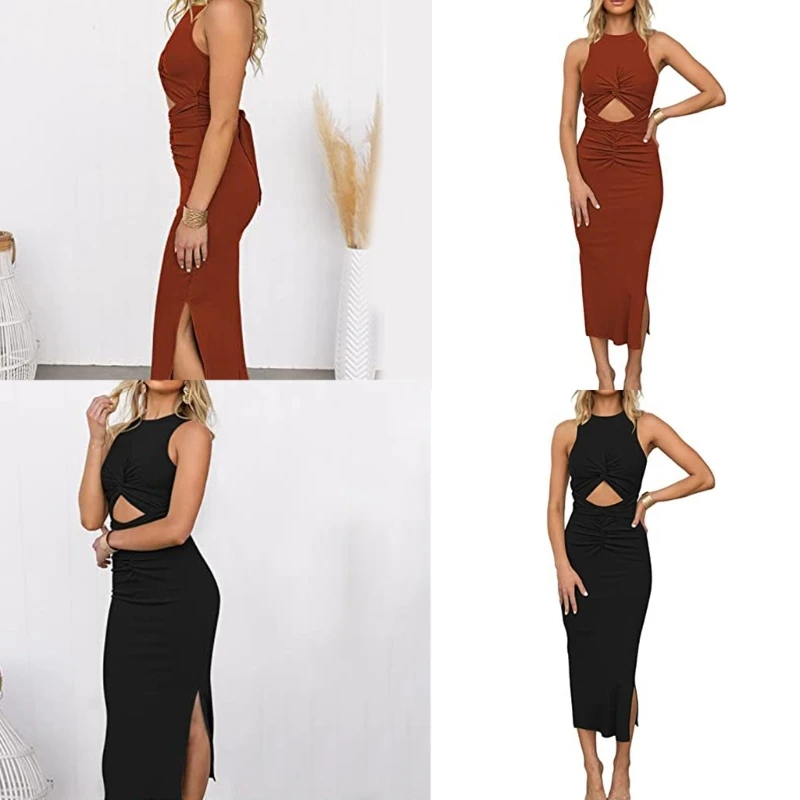 

F42F Women Bodycon Dress Wrap Ruched Wrap Dress Midriff Cutout Dress Twist Ruched Dress Split Midi Dress Slit Bodycon