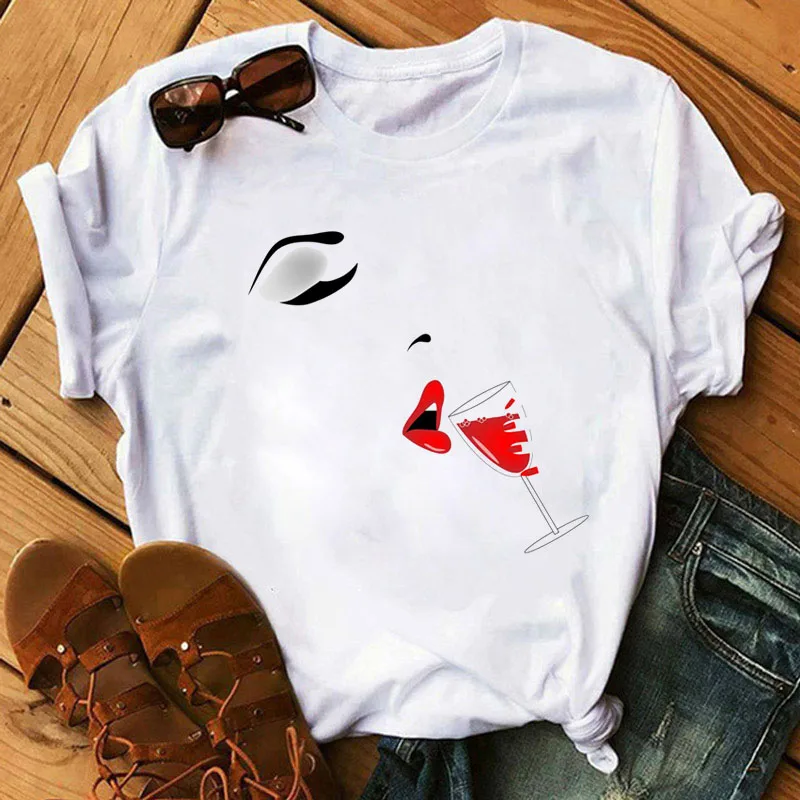 

Fashion Women T Shirt Lips and Wine Printed Tops Summer Vintage Tee Shirt Women Aesthetics Graphic Short Sleeve Tshirts Female T