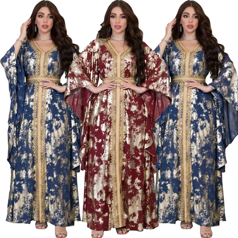 

Muslim Abaya Dress Embroidery Guipure Lace Panel Belted Turkey Moroccan Caftan Luxury Gold Stamping Robe Women's Dresses Ramadan
