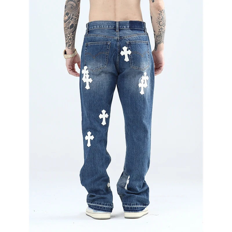 Loose Welt Cross Blue Wide Leg Jeans Pant Slim Fit Women Hip Hop Distressed Destroyed Flared Jeans Torn Men High Street Vintage