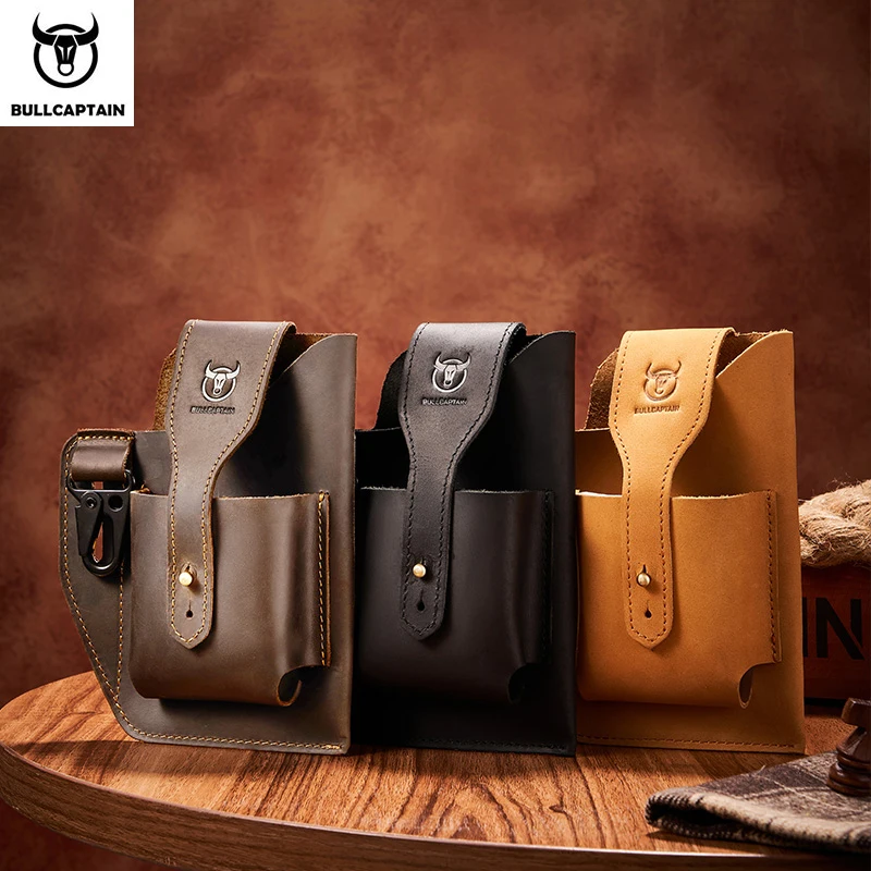 BULLCAPTAIN Retro Man Genuine leather Multi-function Crazy Horse Cowhide Mobile phone bodypack