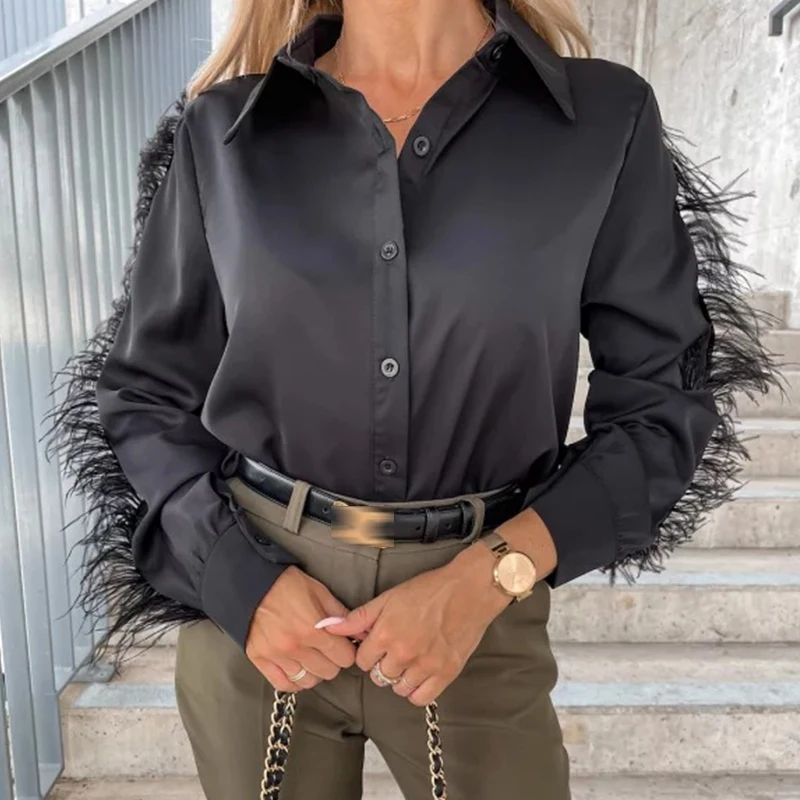 Осенняя Повседневная Лоскутная Блузка с перьями рубашки женские модные топы