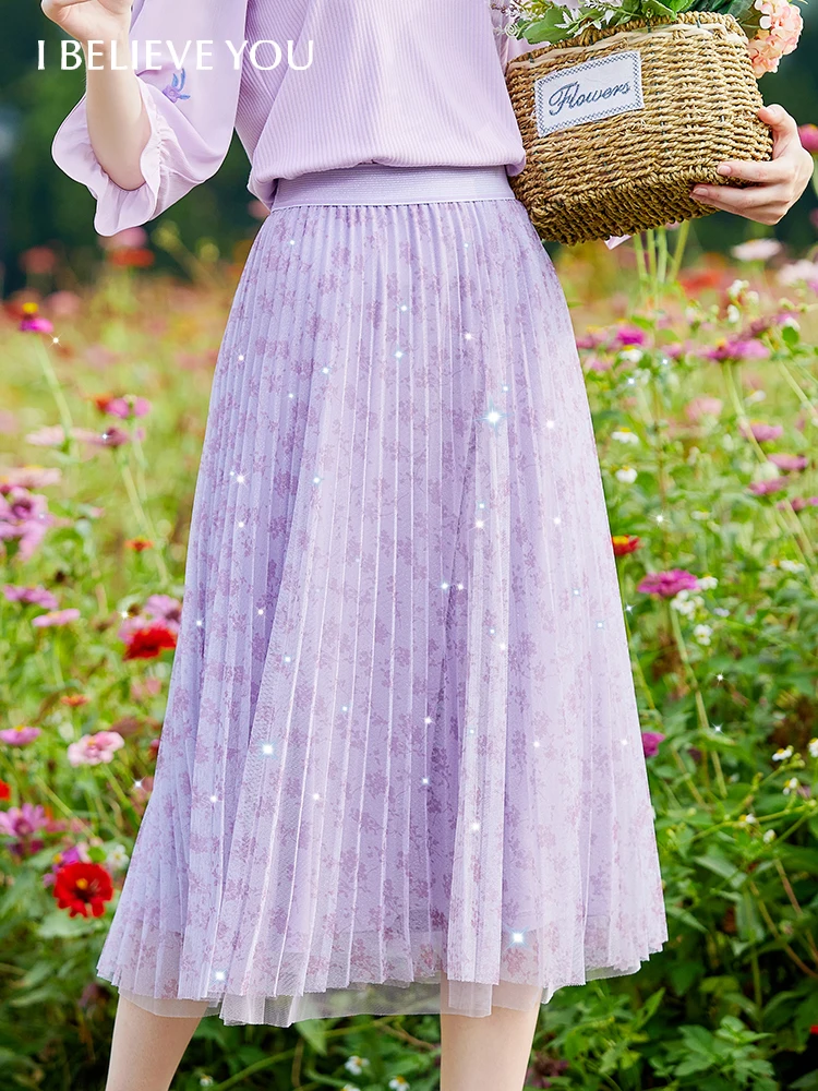 

I BELIEVE YOU Summer Skirts Woman Fashion 2022 High Waist A-Line Floral Mid-Calf Skirt Mesh Pleated Women's Skirt 2212023784