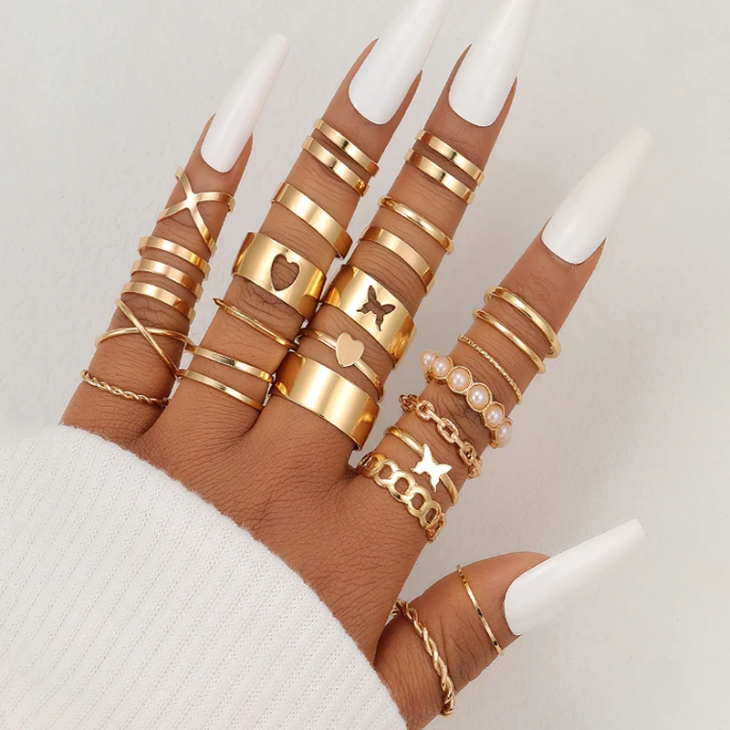 

Vintage Gold Color Heart Butterfly Rings Set For Women Fashion Geometric Cross Twist Rings Hollow Finger Ring Trendy Jewelry New