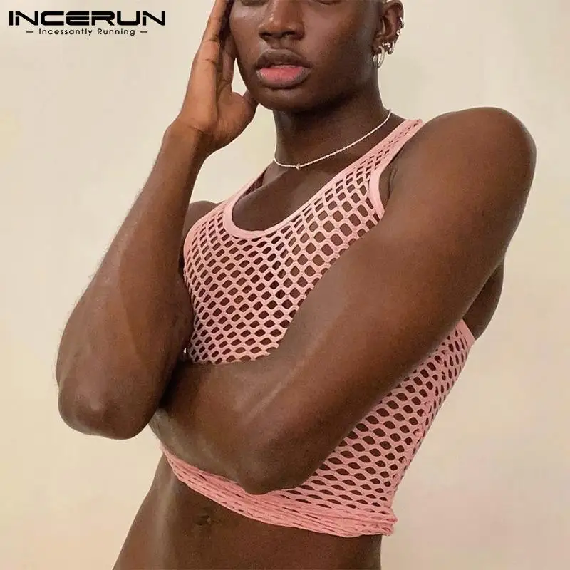 

Sexy Leisure New Men's Vests Fashion Male Solid Comfortable Tank Tops Breathable Mesh Short Casual Vests S-5XL INCERUN Tops 2022