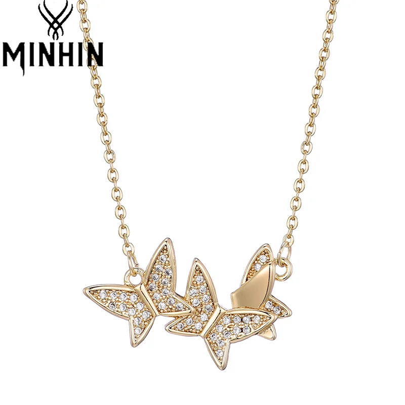 

MINHIN Double Butterfly Pendant Bohe Fashion Jewelry 18K Gold Plated Necklaces for Women Lover Couple Choker Shiny Crystal Chain