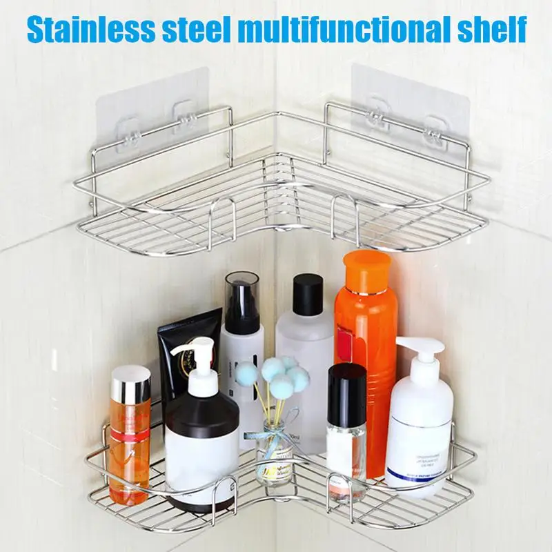 

Stainless Steel Corner Shelf Bathroom Storage Shower Shelf No Drilling Wall Mounted Storage Rack For Kitchen Organizer Toilet