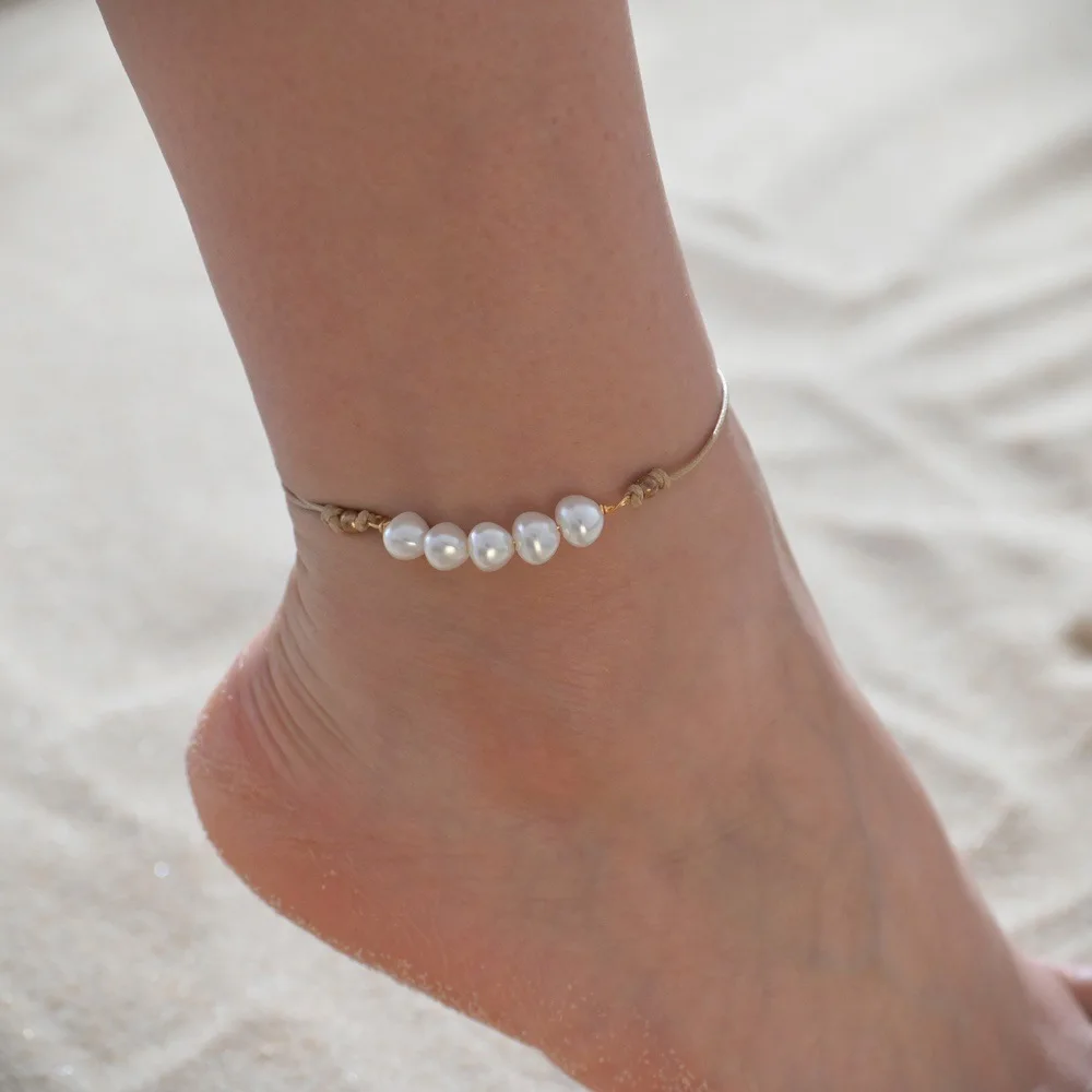 

New 2022 Summer Beach Fashion Pearl Anklet Vintage Wax Rope Braided