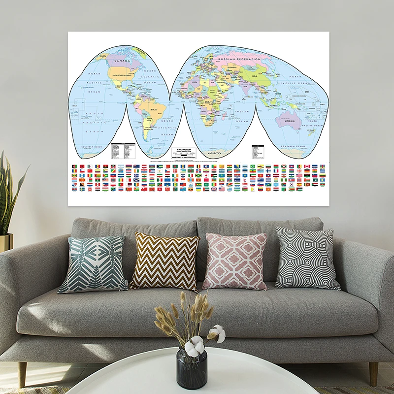 

225*150cm The World Goode Projection Map with National Flags for Education and Geographical Research Home Decor