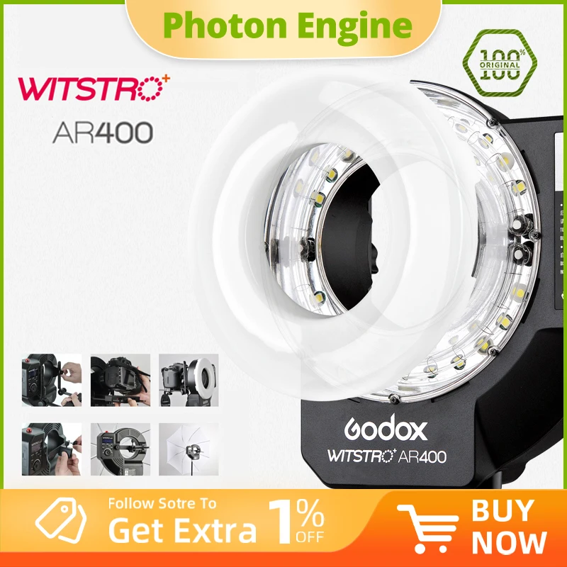 Фото Кольцевая вспышка Godox Witstro AR400 400W Speedlite с литий-ионным аккумулятором и светодиодной видеолампой для Sony, Canon, Nikon DSLR и других камер №1