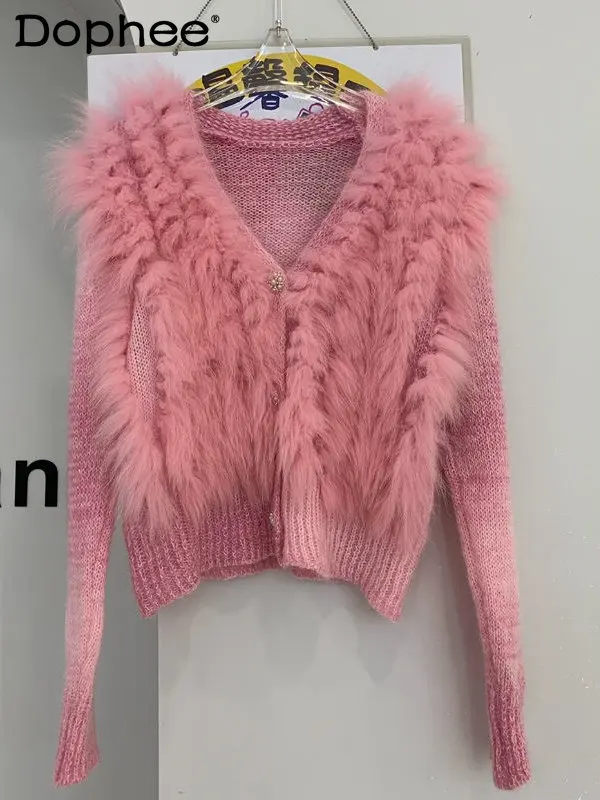 

Real Fox Fur Stitching Cardigan Women European Style Autumn and Winter New Designer Short Wool Sweater Coat Sweet Top 2023