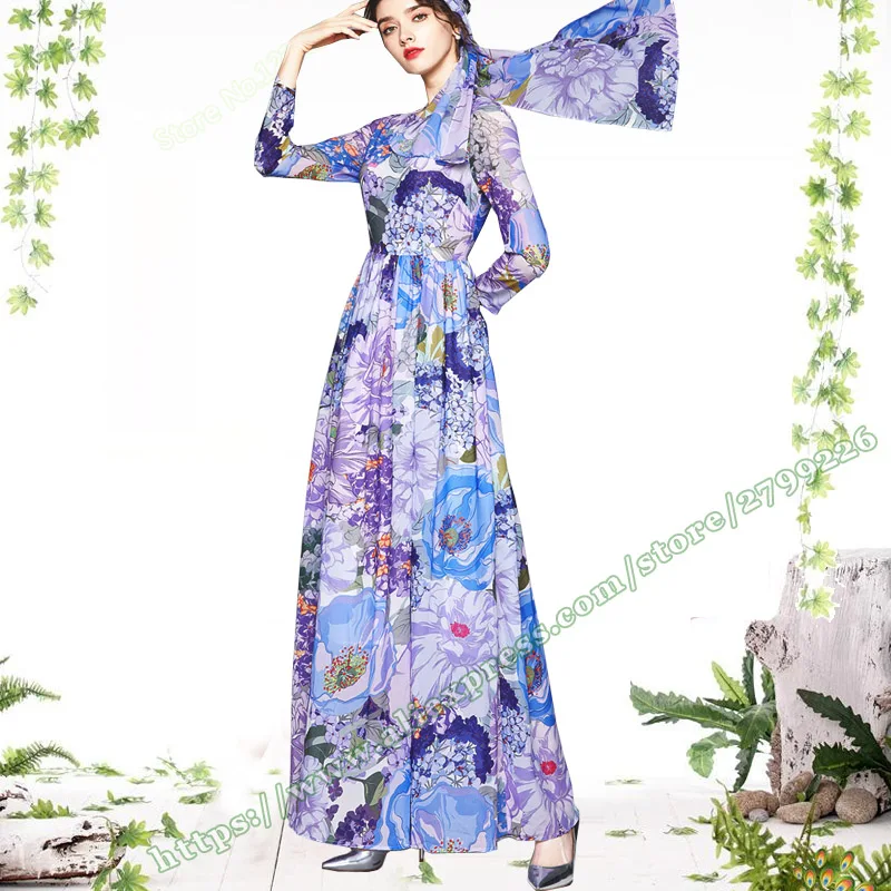 

Женское шифоновое платье с цветочным принтом, элегантное модное фиолетовое платье с длинным рукавом, лето 2023