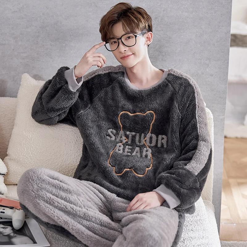 FUNISHI Coral Fleece Pajama Set Loose Version Inspissate Men Sleepwear Winter Pajamas Flannel Plus Size 4XL Pullover Nightgown