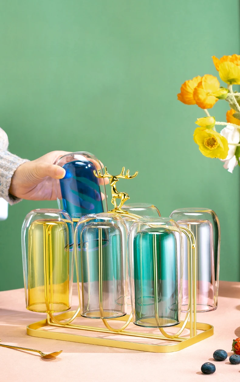 

Summer Water Appliance Glass Tea Set With Holder Teatray 6 Colors Double Wall Insulation Glass Cup 1.8L Cold Water Pitcher