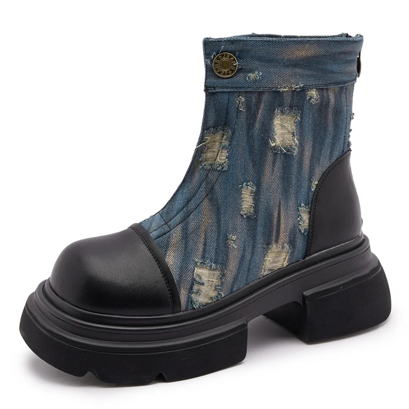 

Женские ботинки 2023, зимние Роскошные панковские повседневные женские ботинки на платформе, кожаные джинсовые ботильоны в стиле пэчворк на среднем каблуке, Прямая поставка