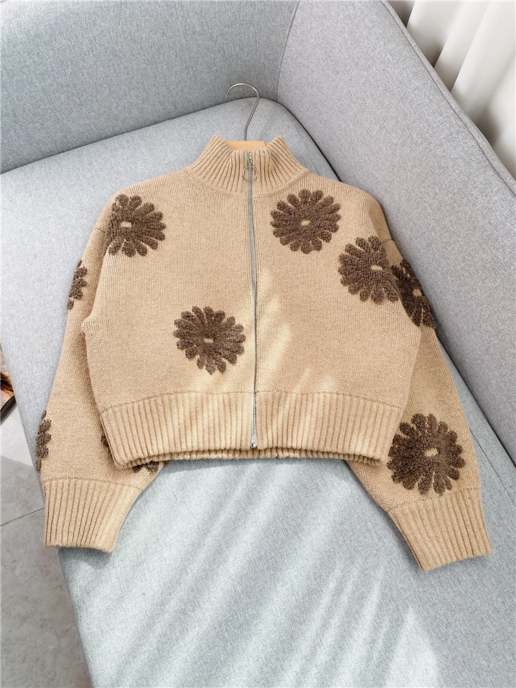 Half High Collar Jacquard Zipper Knitted Sweater Cardigan Autumn and Winter 2022 New Commuter Long Sleeve Slim Jacket Blouse